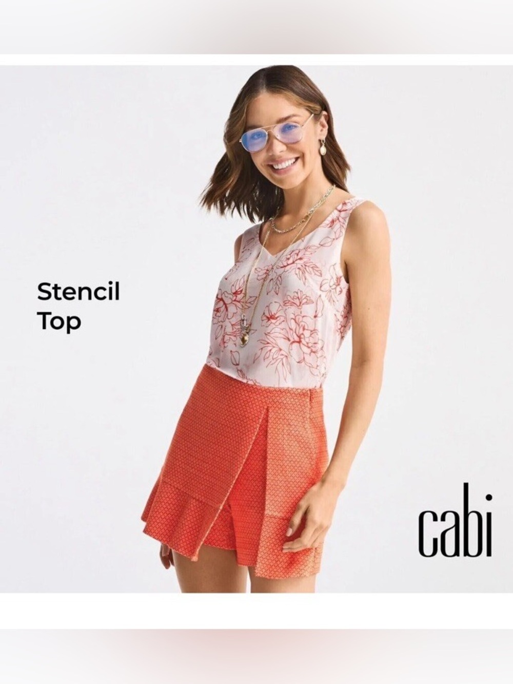 CAbi Coral Floral V-Neck Tank, Stencil Top